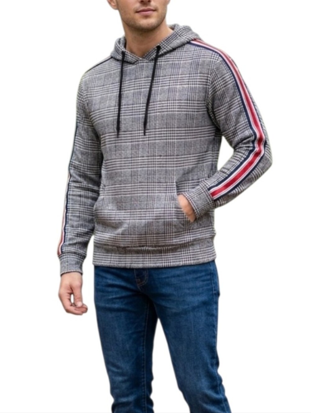 VSTR Mad Plaid Men's Hooded Sweatshirt Twill Stripe Appliques Kangaroo Pocket SM